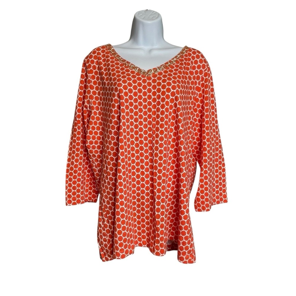 Charter Club Women's Orange White Geometric Print Tunic Top Size 2X Modern